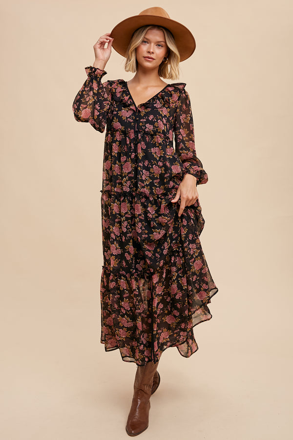 FLORAL RUFFLED STATEMENT COLLAR FROCK DRESS