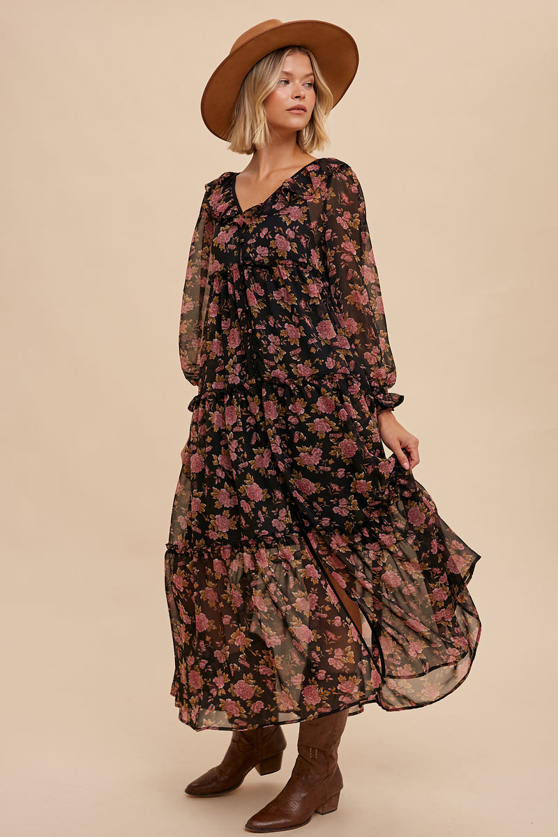 FLORAL RUFFLED STATEMENT COLLAR FROCK DRESS