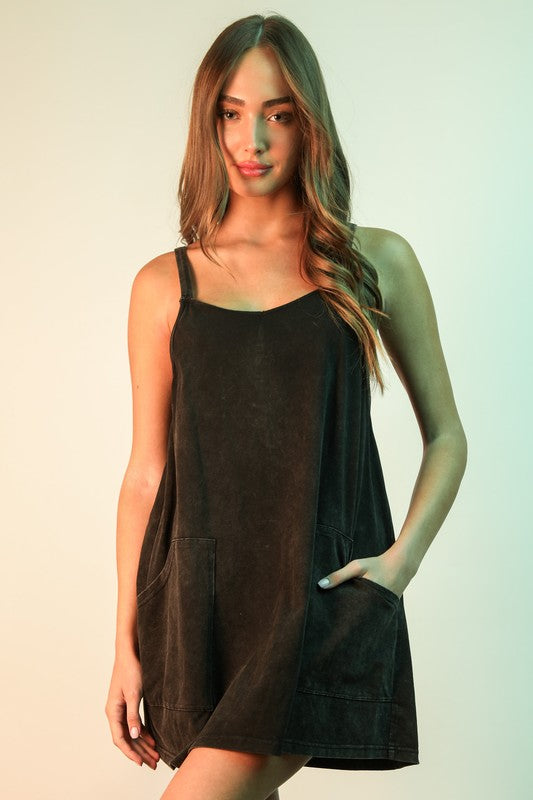Mineral Washed Knit Mini Dress With Shorts Inside (Black)