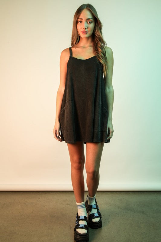 Mineral Washed Knit Mini Dress With Shorts Inside (Black)