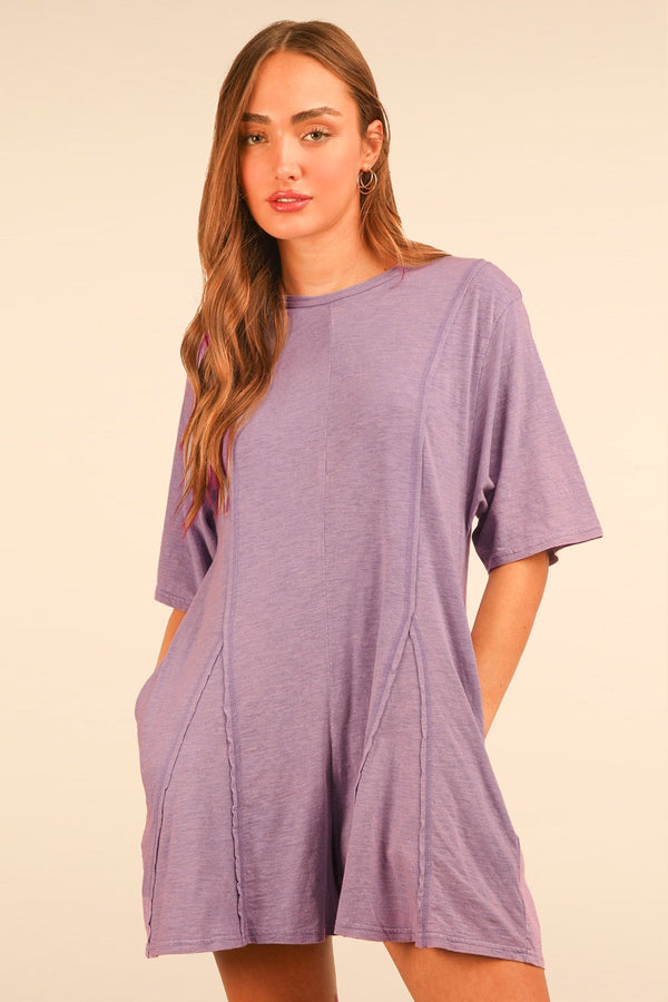 Mineral Washed Oversized Knit Comfy Romper in Lavender