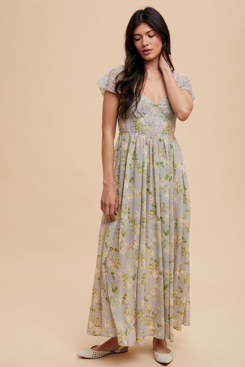 PANELED LACE FLORAL MAXI DRESS in Morning Fog- Final Sale