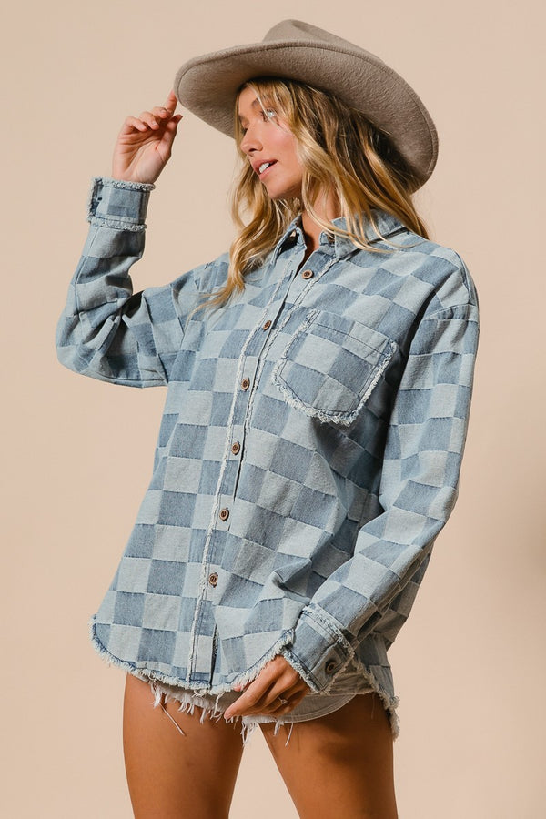 Frayed Edged Detail Washed Checker Denim Shirt (Sizes S-XL available)