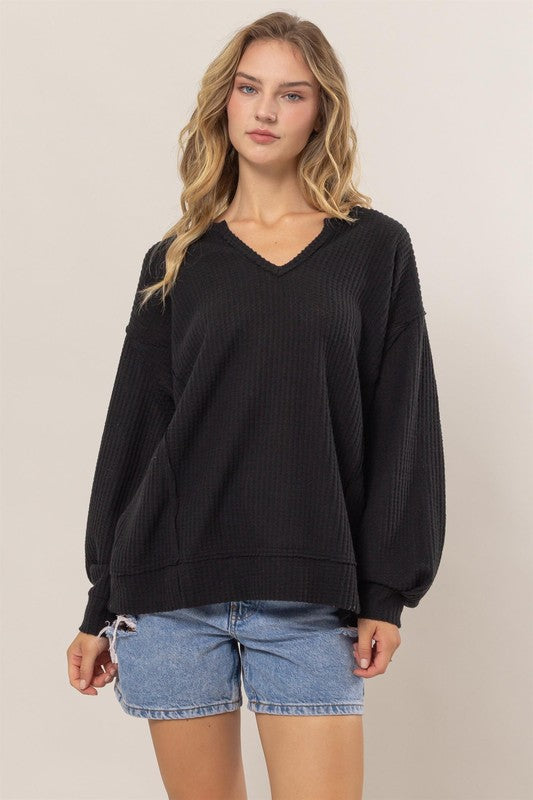 Brushed Waffle Notch Neck Top (Black)