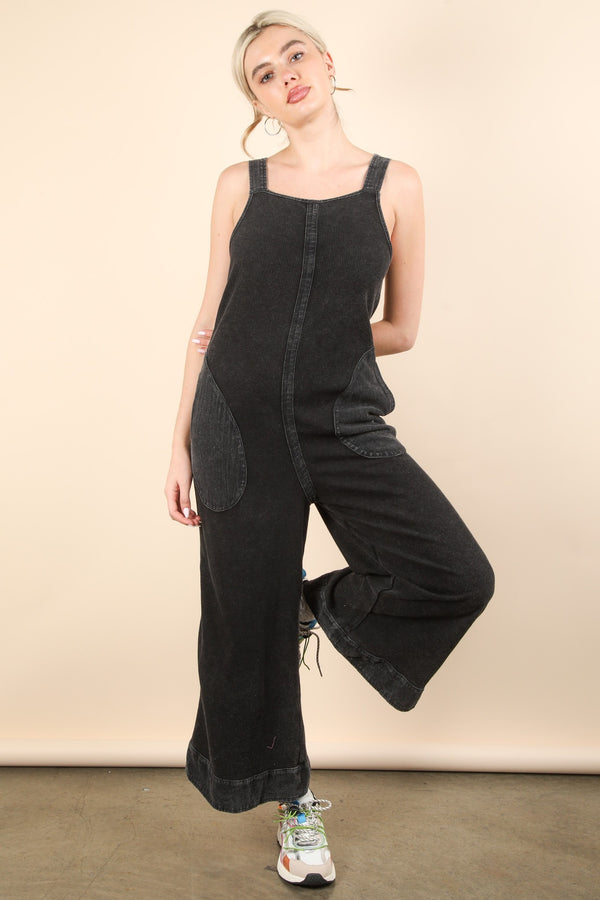 Mineral Washed Waffle Knit Jumpsuit in Black