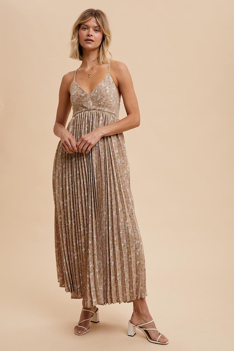 PLEATED FLORAL MAXI DRESS in Natural- Final Sale