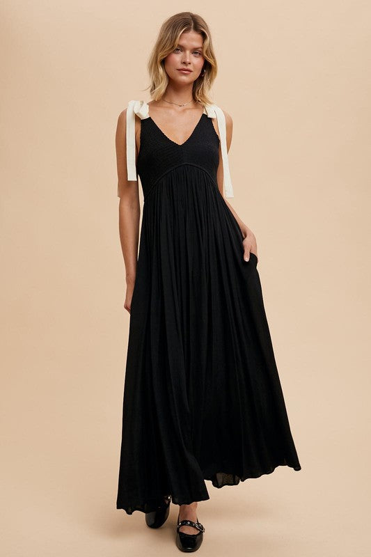 RIBBON STRAP MAXI DRESS in Black- Final Sale