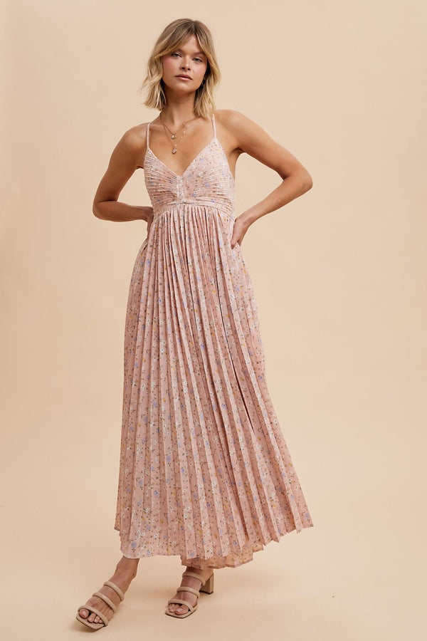 PLEATED FLORAL MAXI DRESS in Baby Pink- fInal Sale