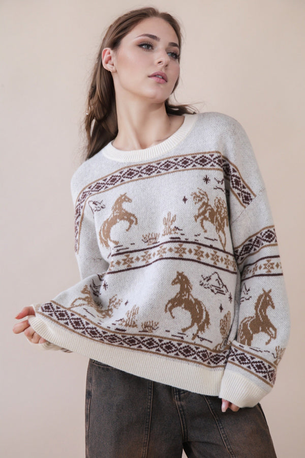 Oversized Western Graphic Knit Sweater Top in Natural