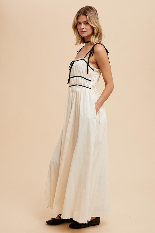 Contrast Trim Floral Maxi Dress in Buttermilk- Final Sale