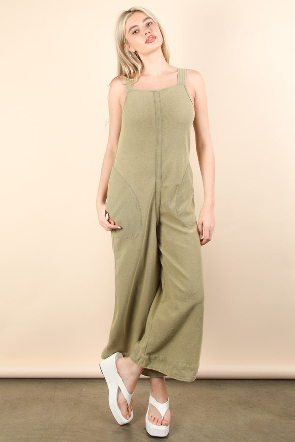 Mineral Washed Waffle Knit Jumpsuit in Olive