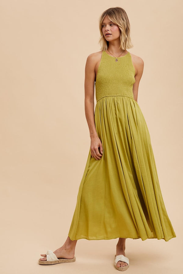 SMOCKED TENCEL MAXI DRESS in Pistachio- Final Sale