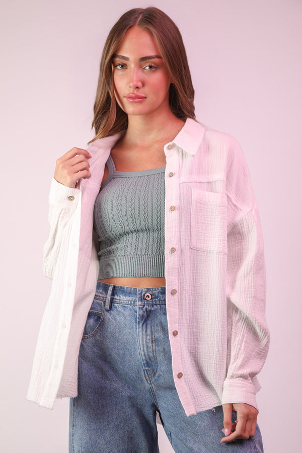 Mineral Washed Gauze Button Down Shirt Top in White