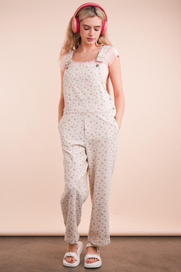 Floral Printed Casual Overall Jumpsuit in Oatmeal