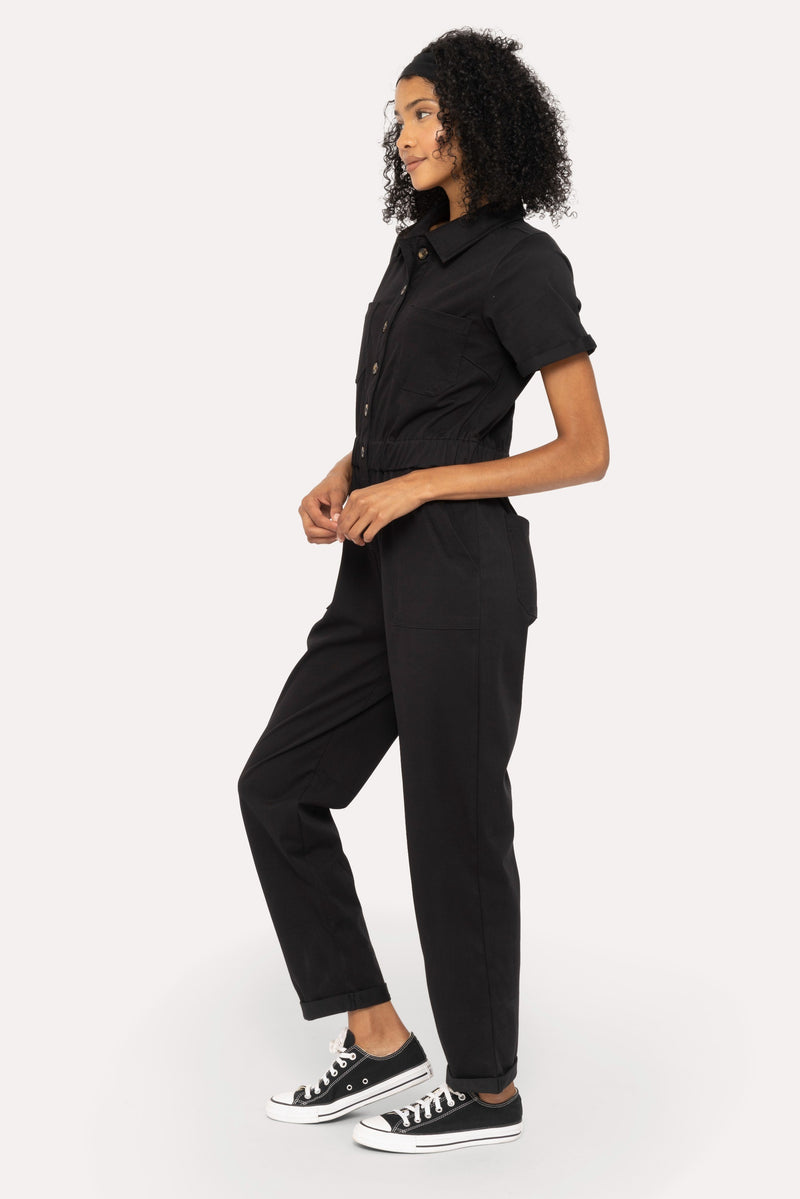 Short Sleeve Utility Style Jumpsuit (Black)