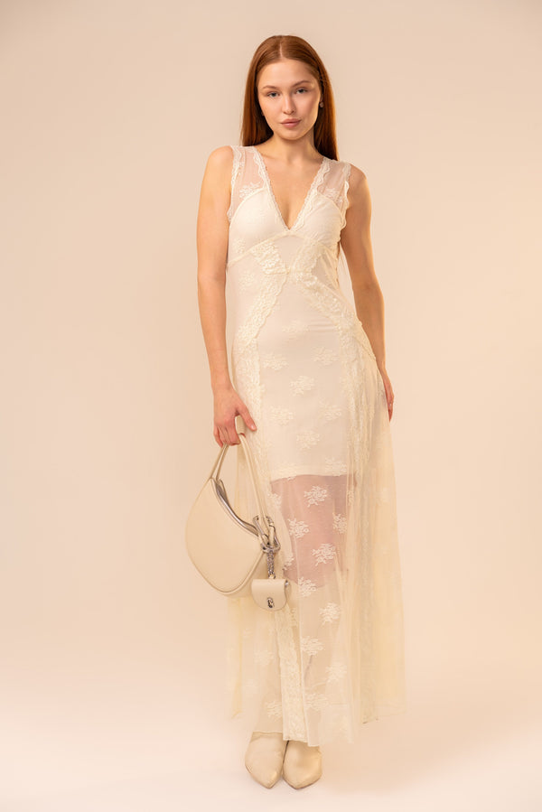 Sleeveless Plunge Neck Lace Midi Dress in Cream – DawnTayler Boutique