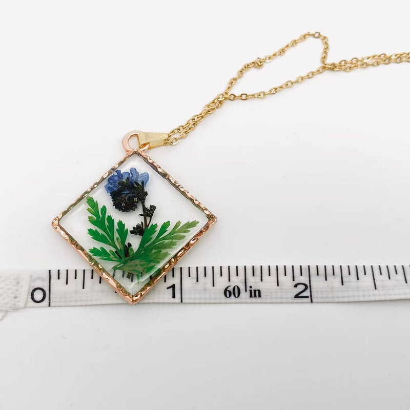Forget-me-not Myosotis Dried Flower Square Pendant Necklace: Myosotis + Fern
