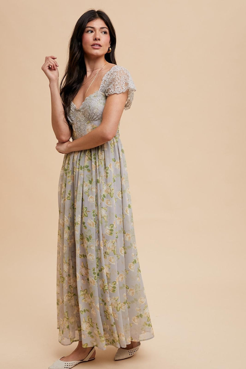 PANELED LACE FLORAL MAXI DRESS in Morning Fog- Final Sale