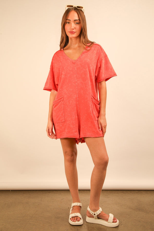Mineral Washed Oversized Casual Knit Romper in Coral