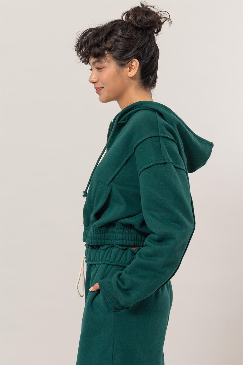 Zip Up Hoodie Jacket With Seam Detailing (Dark Green)