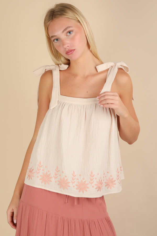 Floral Embroidered Shoulder Ribbon Tie Top in Natural/Blush