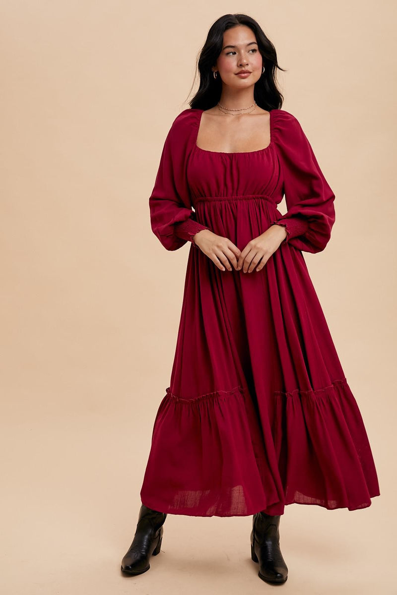 GATHERED LONG SLEEVE MAXI DRESS