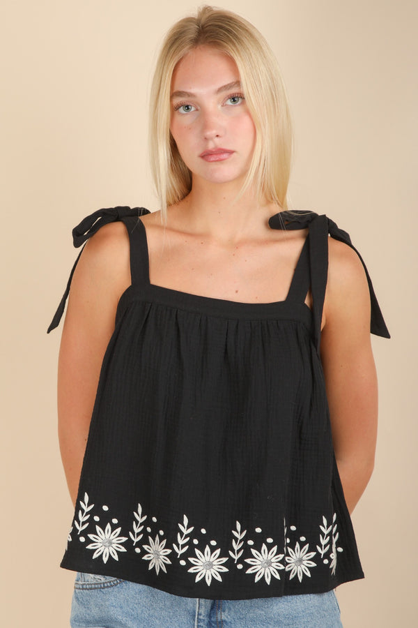 Floral Embroidered Shoulder Ribbon Tie Top in Black/Ivory