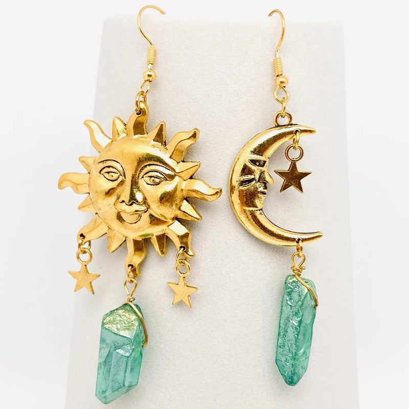 Asymmetric Sun and Moon Green Crystal Pendant Earrings
