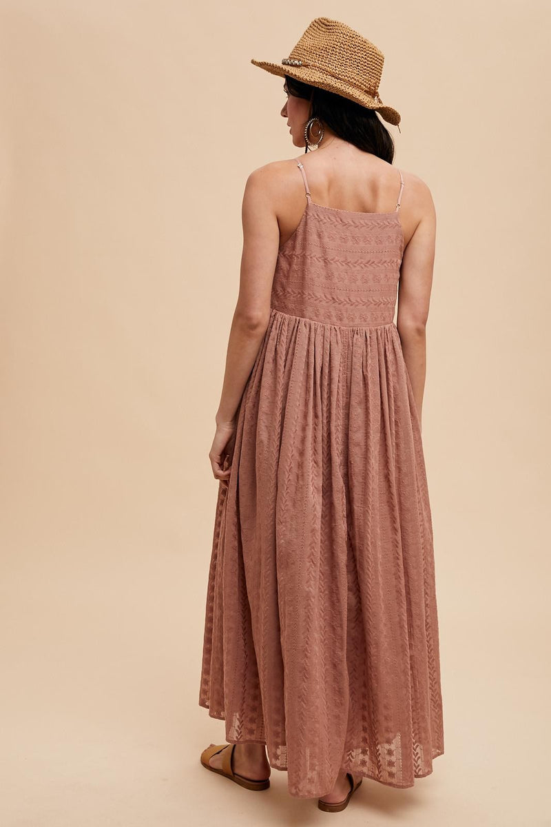 ALL OVER EMBROIDERED MAXI STRAP DRESS in Earthen