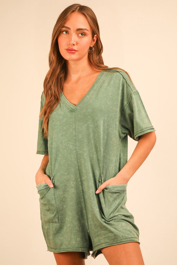 Mineral Washed Oversized Casual Knit Romper in Sage