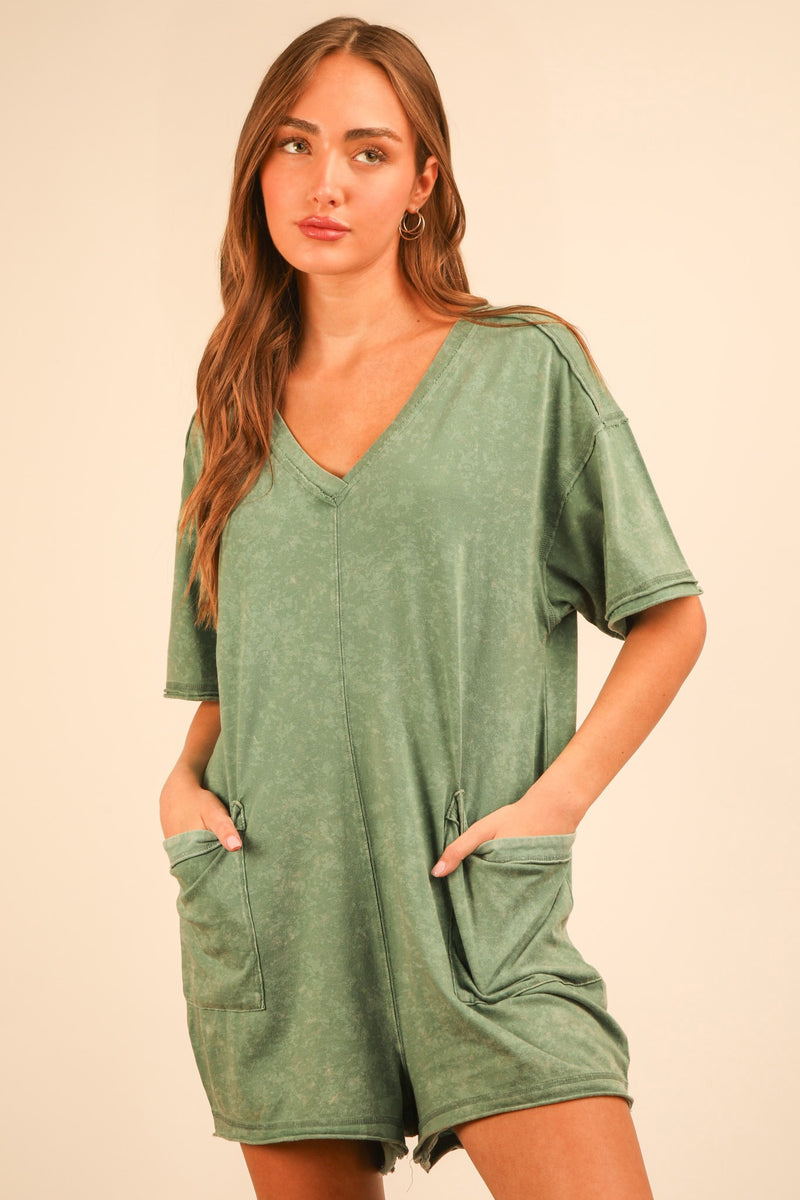 Mineral Washed Oversized Casual Knit Romper in Sage