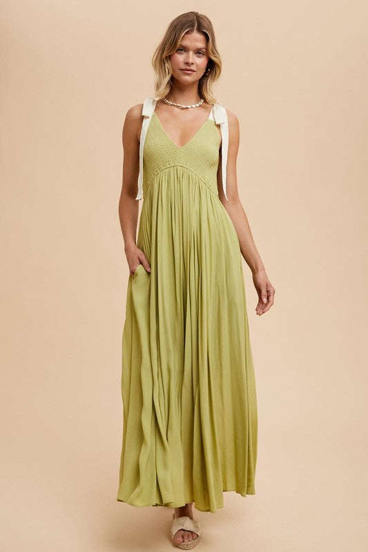 RIBBON STRAP MAXI DRESS in Moss- Final Sale