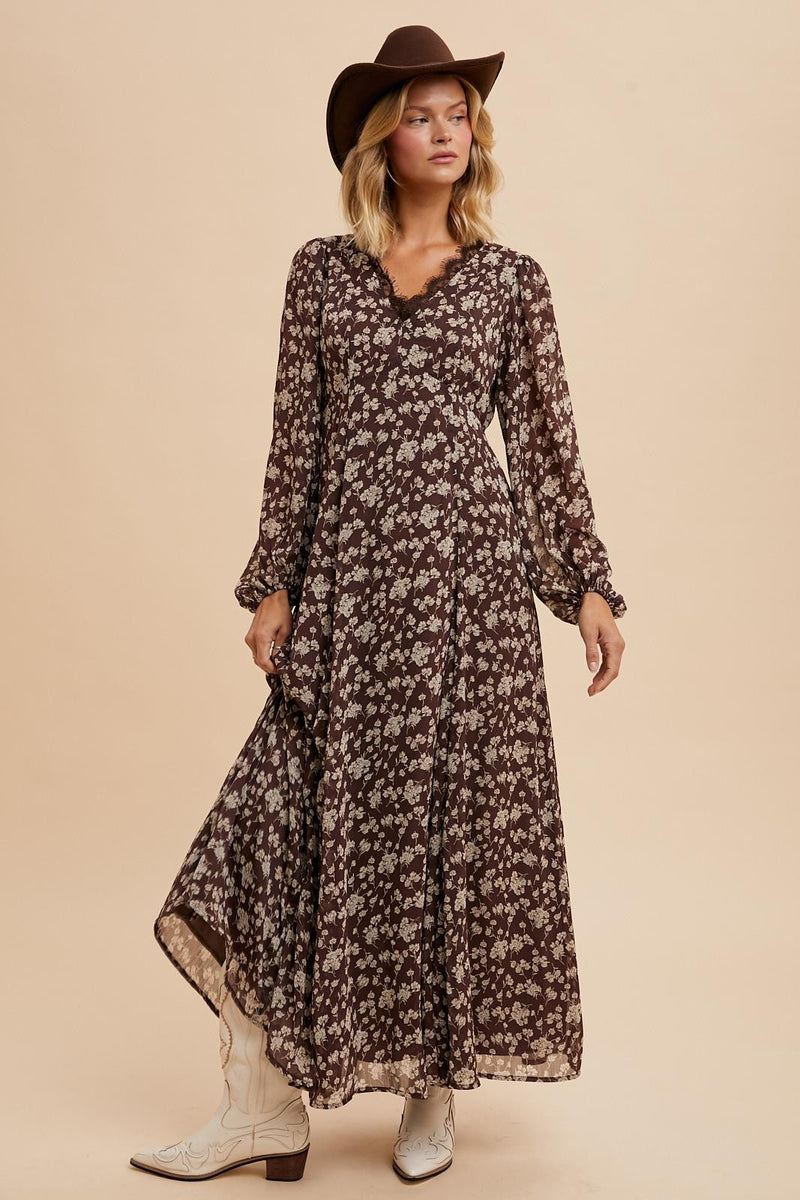 FLORAL LACE MAXI DRESS (Mocha)