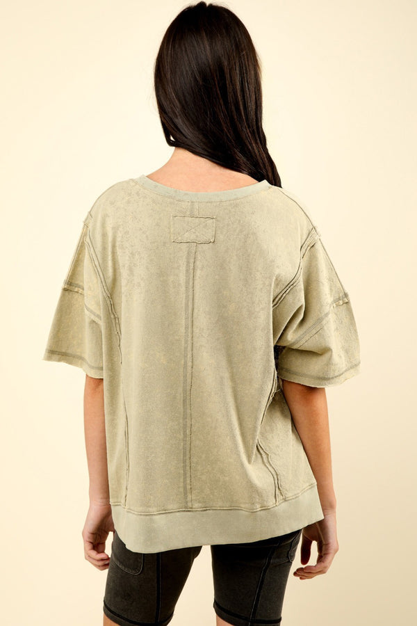 Round Neck Oversized Washed Casual Knit Top in Olive