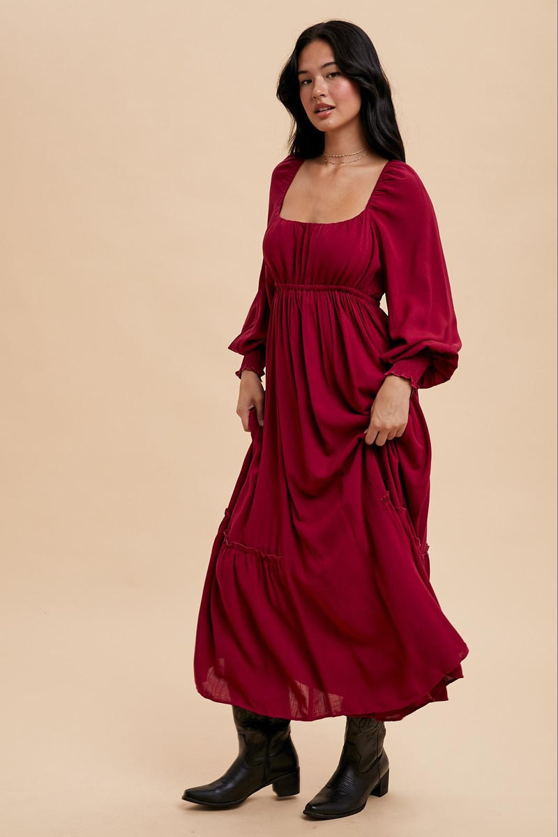 GATHERED LONG SLEEVE MAXI DRESS