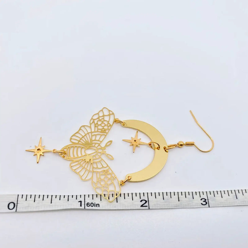 Golden Moth Moon Star Earrings