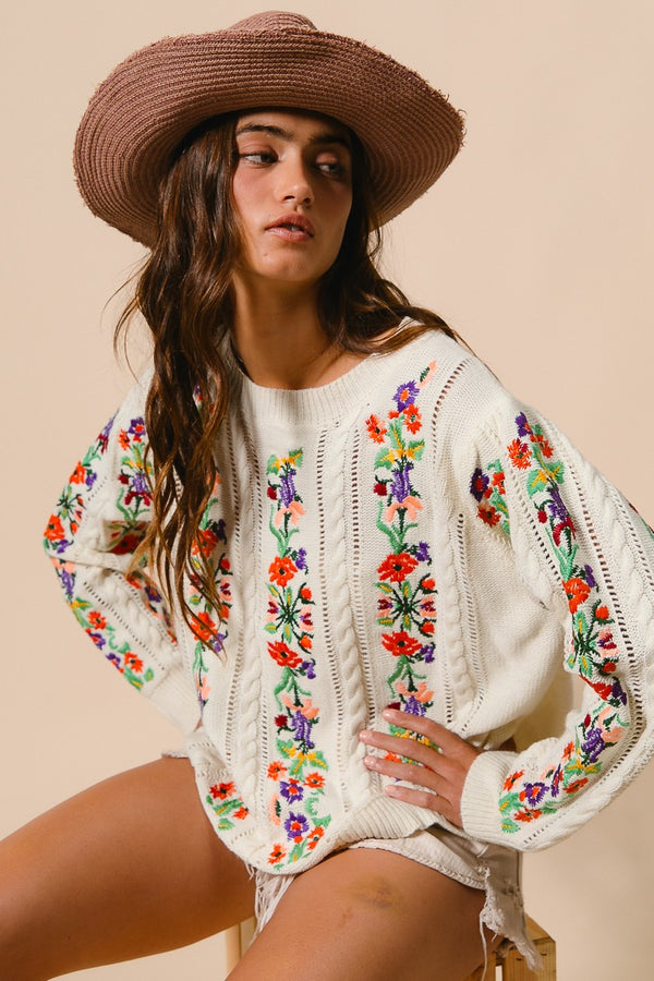 FLOWER EMBROIDERY CABLE TEXTURE SWEATER (S-XL)