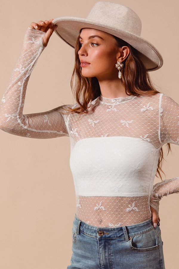Bow Ribbon Pattern Sheer Lace Top in Ivory