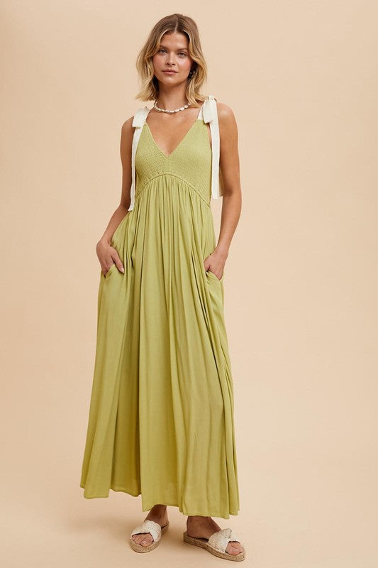 RIBBON STRAP MAXI DRESS in Moss- Final Sale