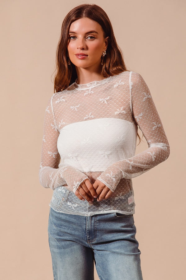 Bow Ribbon Pattern Sheer Lace Top in Ivory