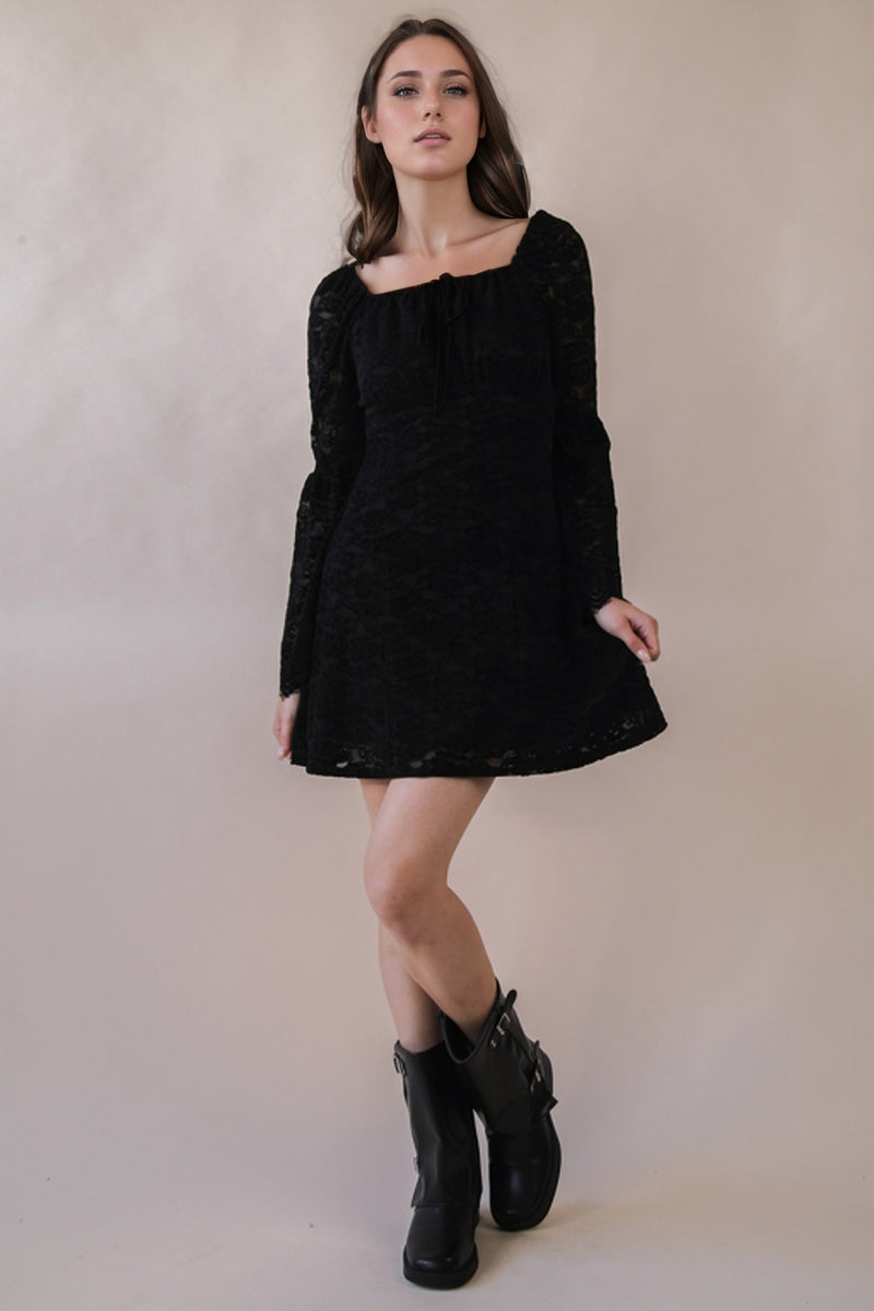 Black Textured Lace Bell Sleeve Mini Dress