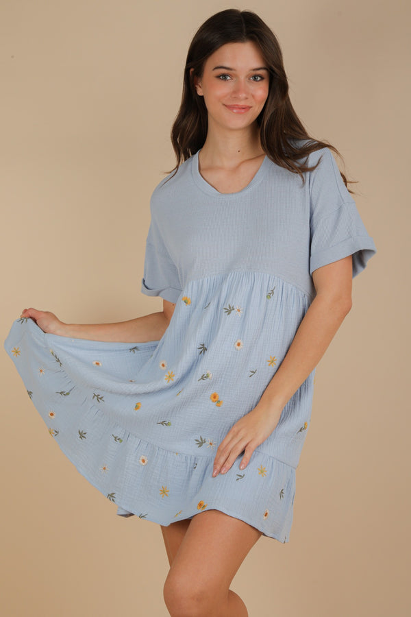 Oversized Floral Embroidered Knit Mini Dress in Sky