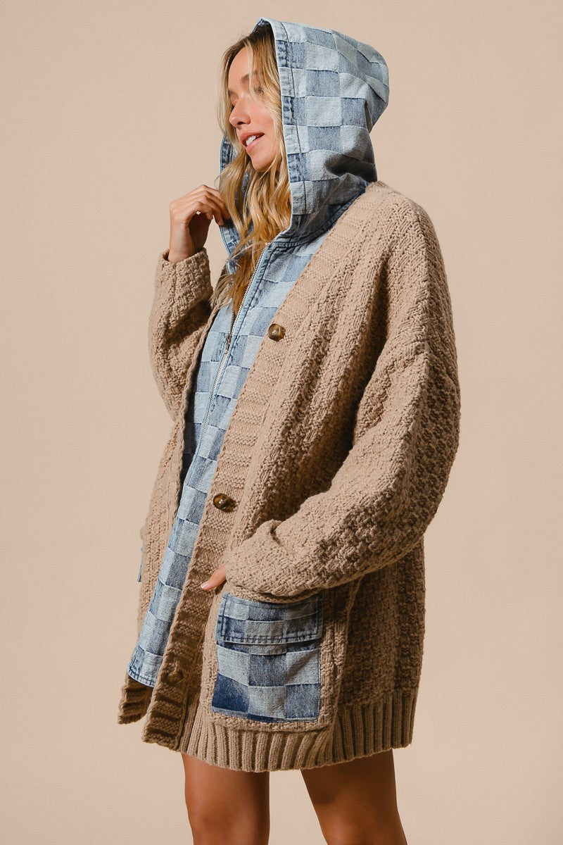 WASHED CHECKER DENIM ZIP UP SWEATER CARDIGAN (S-XL)