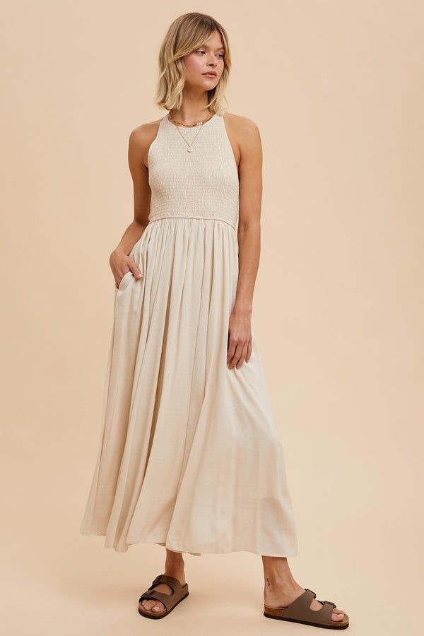 SMOCKED TENCEL MAXI DRESS in Linen- Final Sale