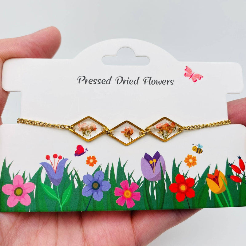 Dried Flowers Floral Geometric Charm Gold Plated Bracelet