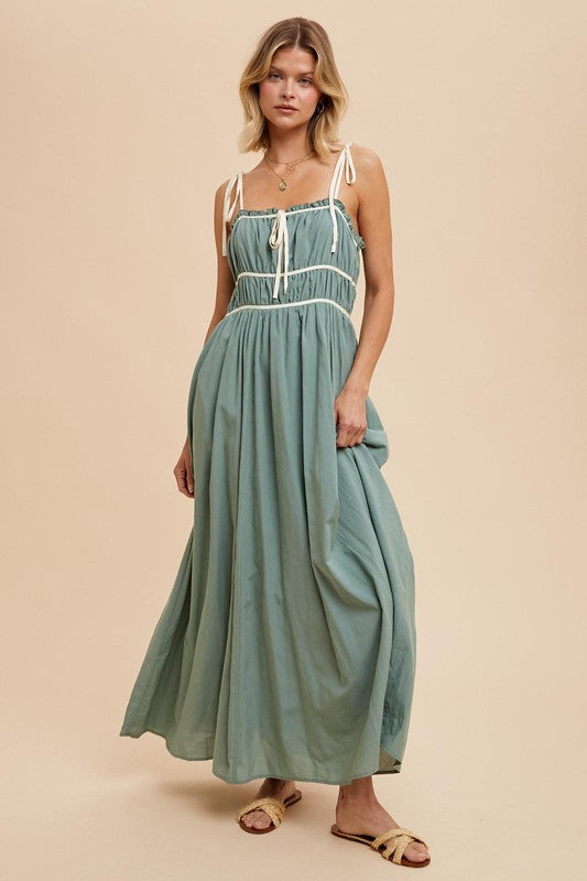 COTTON BLEND CONTRAST TRIM MAXI DRESS- in Elemental Blue-Final Sale