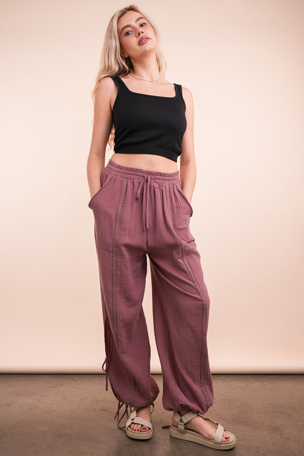 Side Tunnel Harem Pants With Lace Trim Detail in Mauve