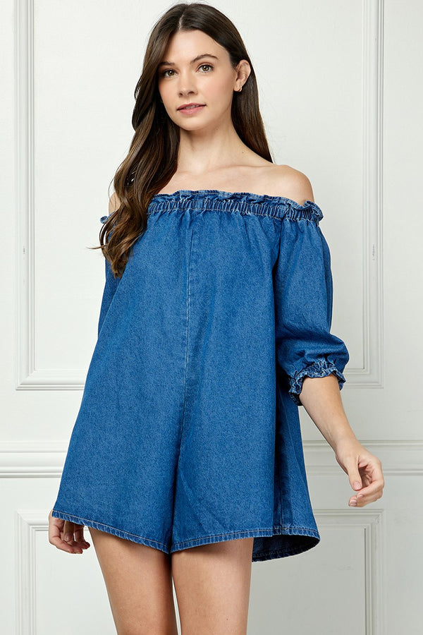 Off Shoulder Denim Romper in Dark Wash