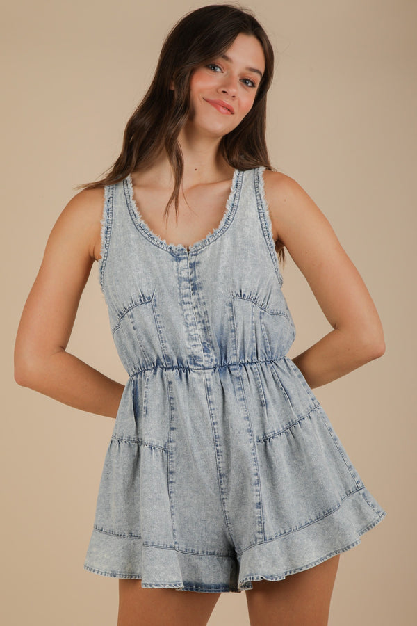 Washed Chambray Denim Frayed Romper