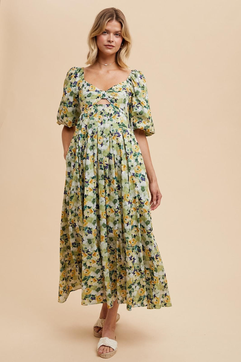 FLORAL COTTON MAXI DRESS in Fern- Final Sale